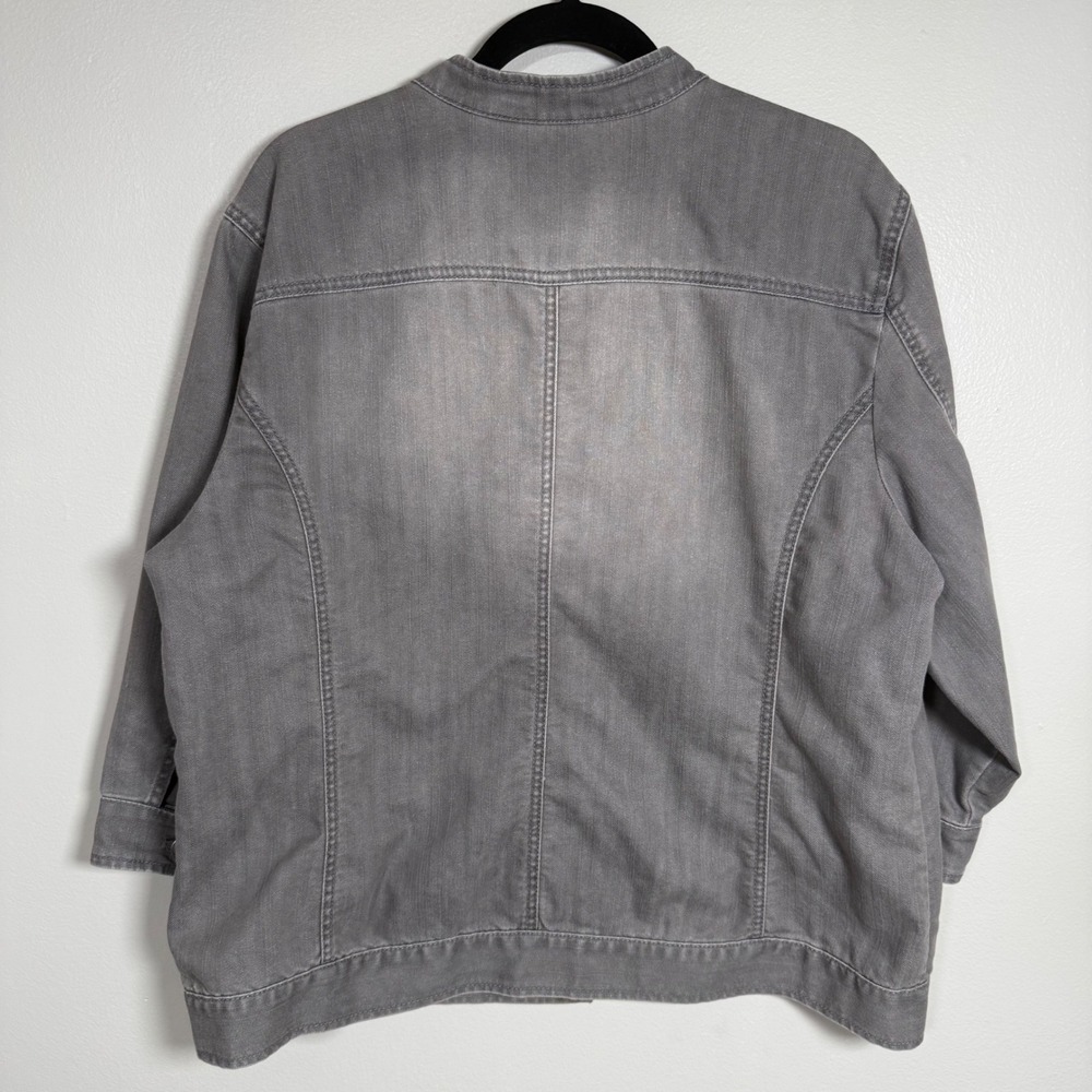 Chicos Additions Gray Denim Jacket Collarless 3/4 Sleeve Size 3 XL Open Front - Picture 2 of 10